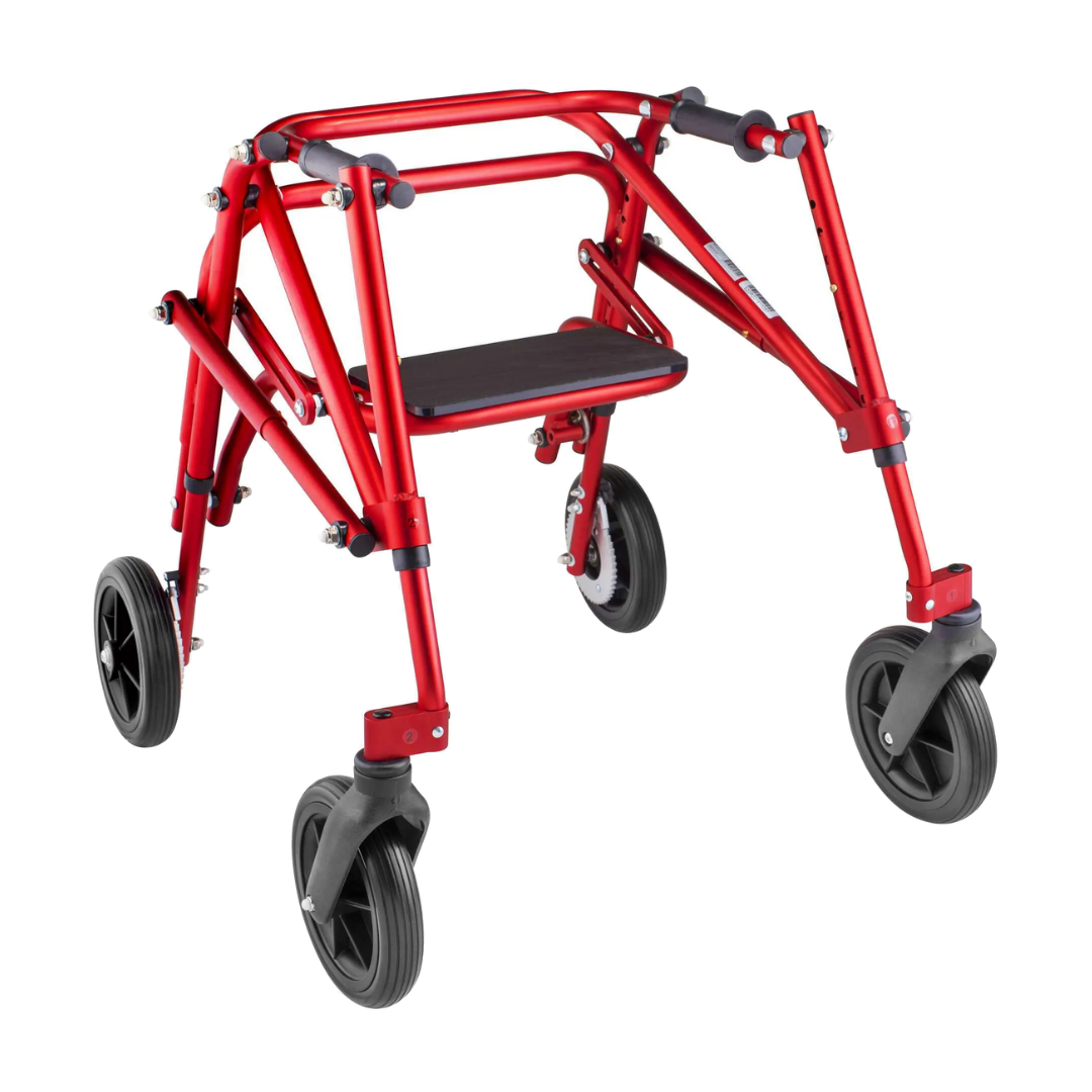 The Circle Specialty Klip Pediatric Posterior Walker is a lightweight, red, foldable mobility aid featuring four large black wheels and a central black seat, designed to provide excellent support and improved mobility for children.